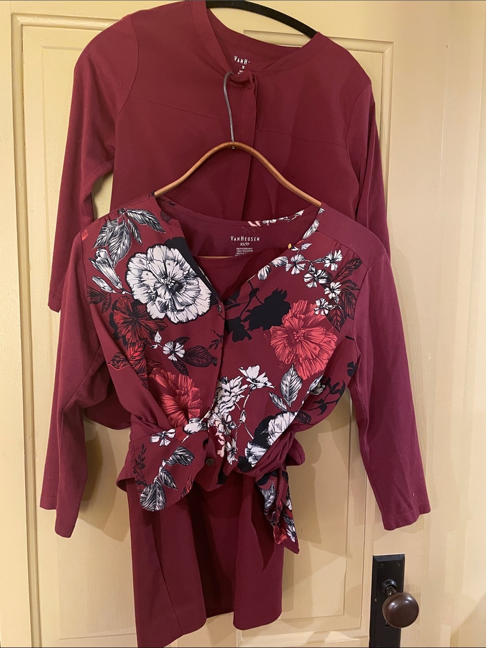 2 tops and 1 skirt 
Van Heusen XS tops with 3/4 sleeves and no wrinkle.
